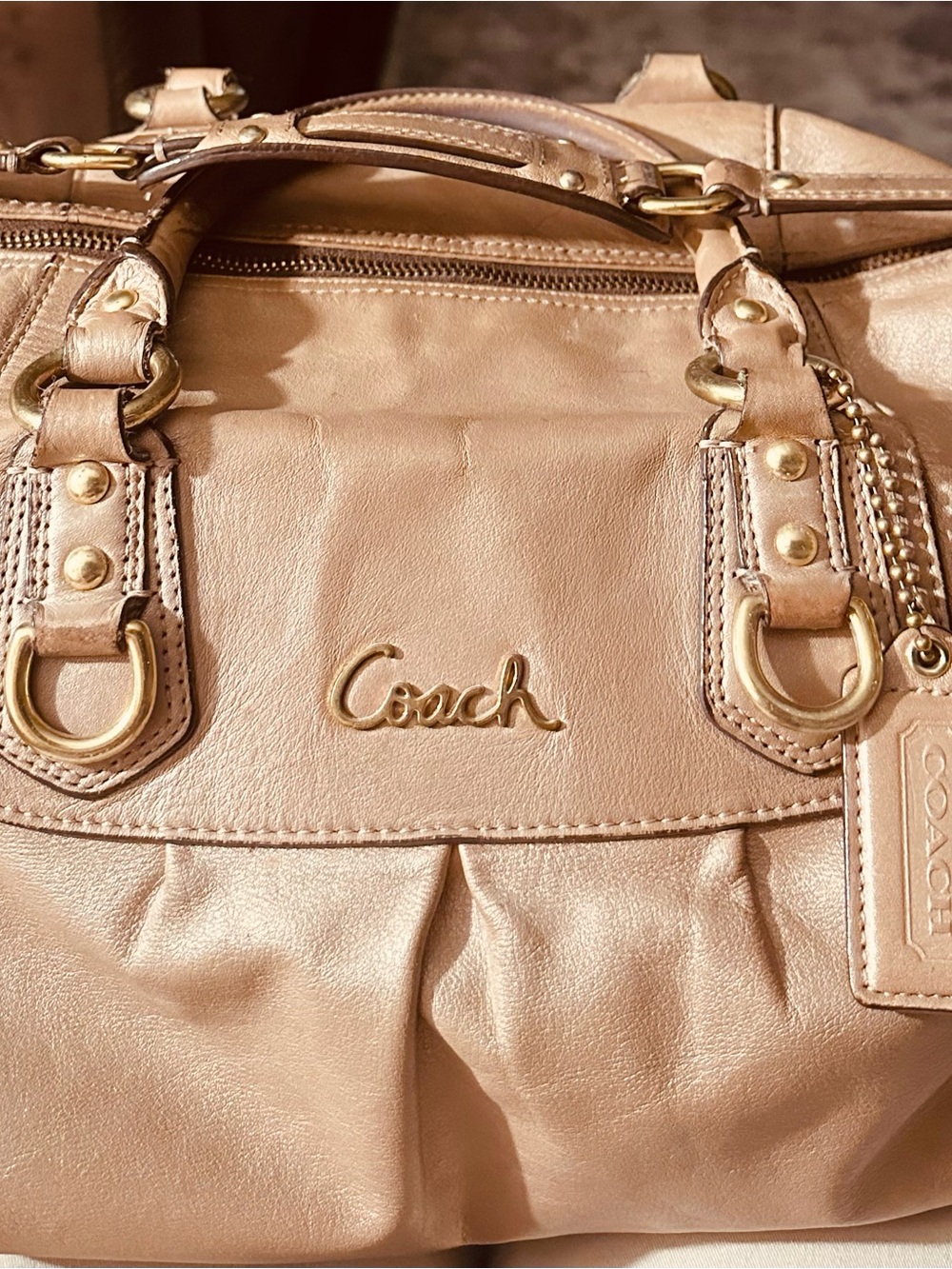 Coach Metallic Beige Pebbled Leather Satchel with Gold Hardware